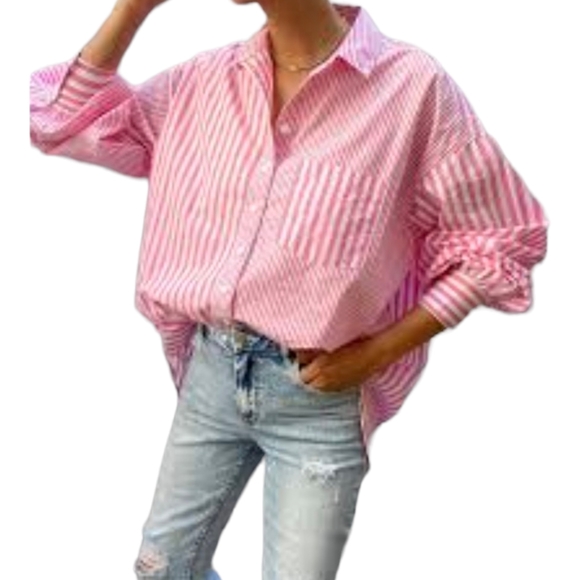 Decjuba Oversized Striped Pink White Button Up Shirt Size S NWOT - Picture 11 of 11
